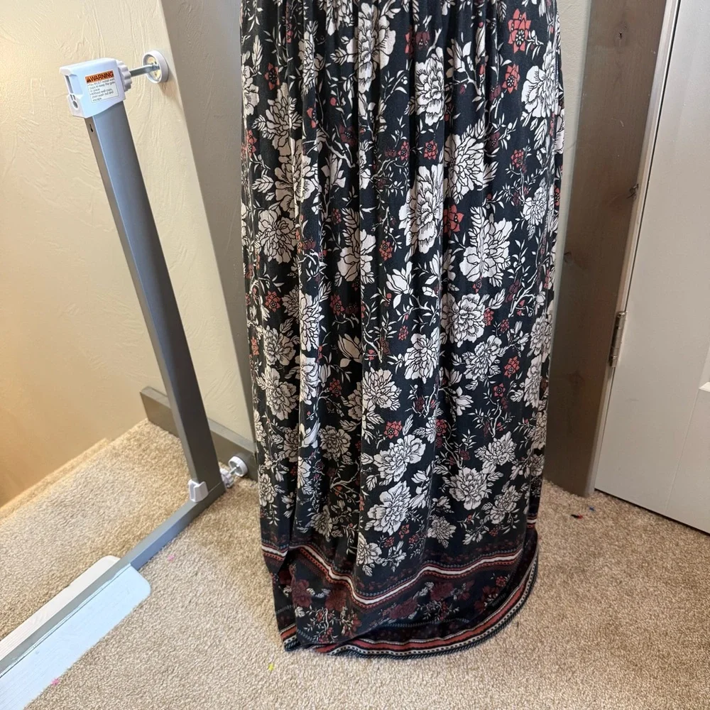 Garnet Hill Dark Floral Sleeveless Maxi Dress‎ Cinch Waist Faux Wrap Top Scoop L